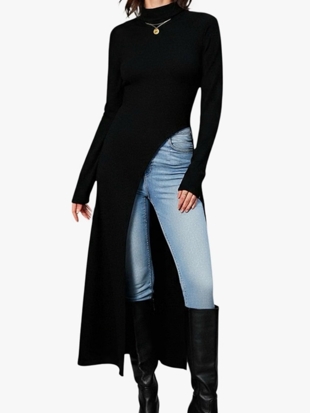 Amazon Black Long Sleeve High-Slit Tunic Top